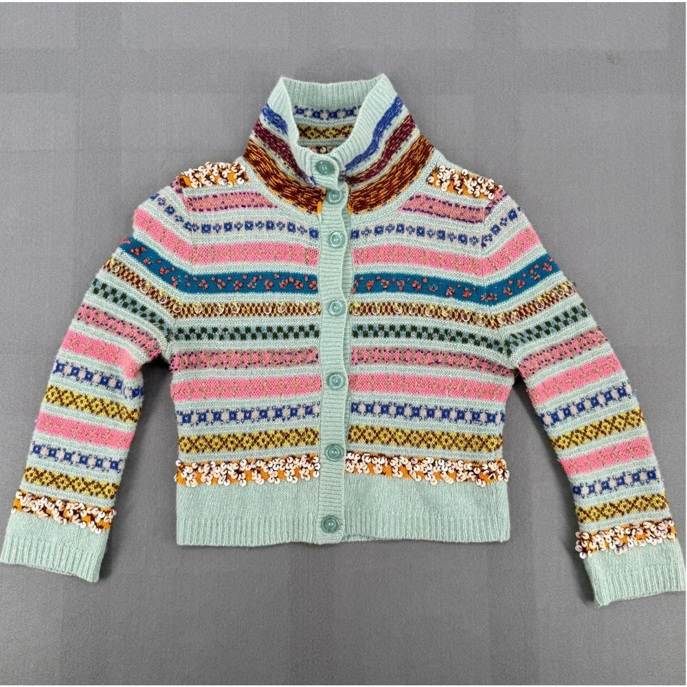 Free People Wool Blend Beaded Fair Isle Cardigan XS Boho Cottagecore Sweater